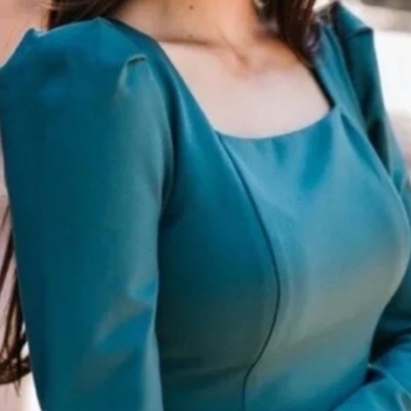 Rachel Parcell Teal Square Neck Long Sleeve Point Dress Never Worn Large - Picture 3 of 7